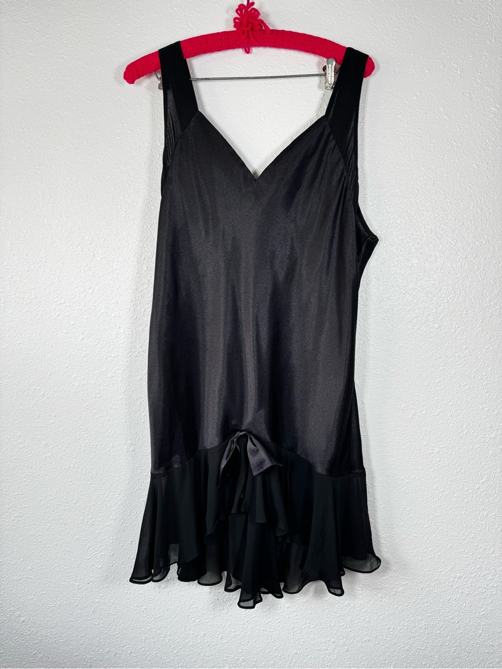 Vintage Val Mode Black Satin Slip Dress Ruffle bow whimsigoth nightgown large
